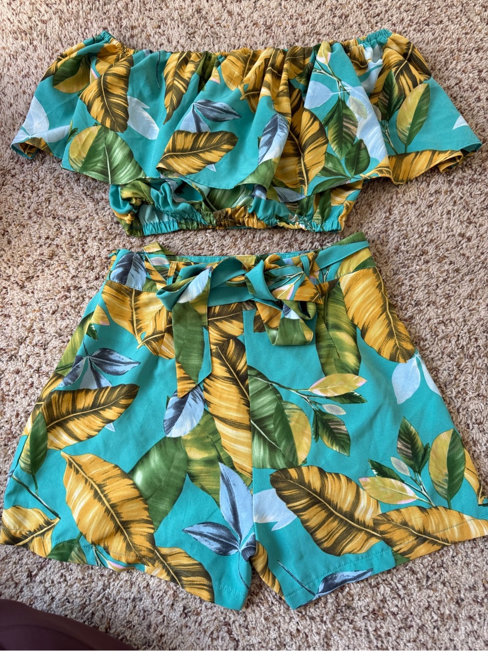 Milk & Honey Teal Tropical Leaf Off-Shoulder Crop Top & High-Waist Shorts Set
